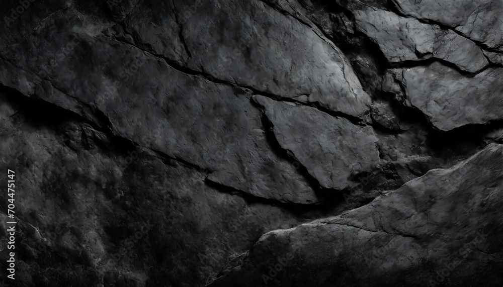 volumetric rock texture with cracks black stone background with copy space for design wide banner