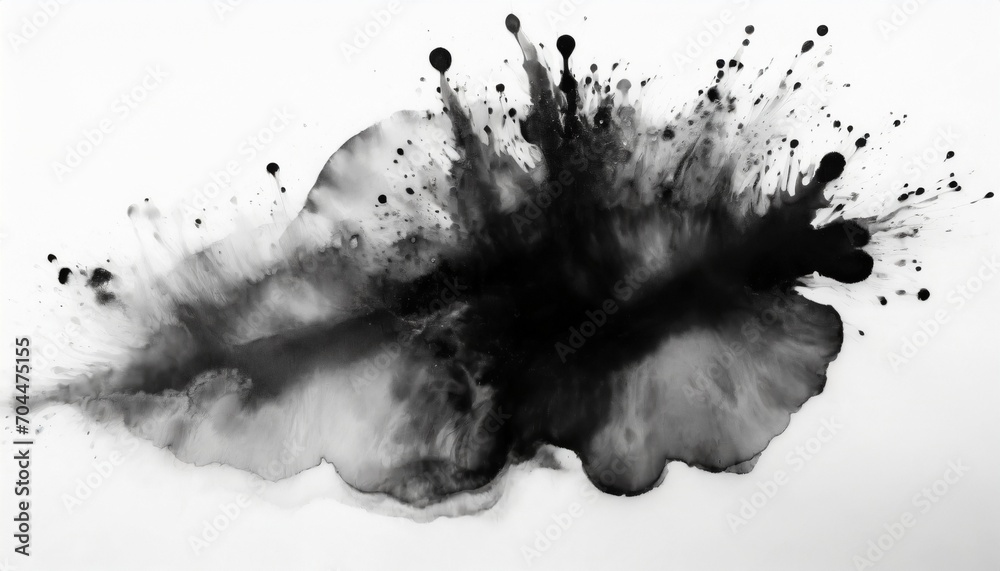 black ink watercolor flow blot with drops splash abstract texture color stain on white background - obrazy, fototapety, plakaty 