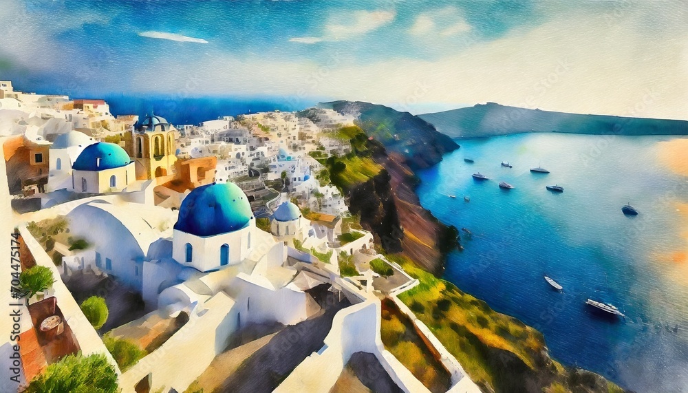 aerial watercolor painting of santorini greece a scenic cultural destination - obrazy, fototapety, plakaty 