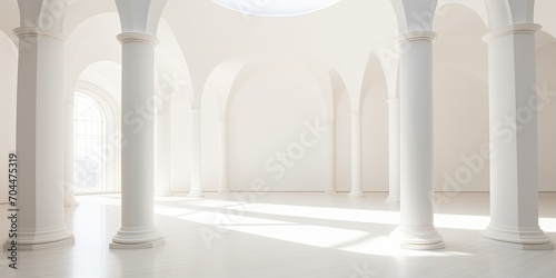 Simplistic architecture photo with neutral white interior and rounded pillar. © Lasvu