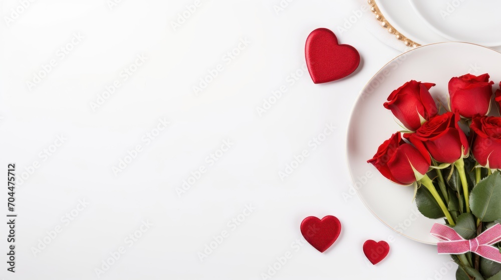 Top-down view Valentines day table setting with white plate, roses flower 