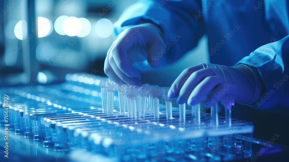 Lab technician loading samples for DNA amplification, demonstrating the meticulous process of genetic testing in a clinical lab. Lab technician loading samples for DNA amplification, demonstrating the meticulous process of genetic testing in a clinical lab.