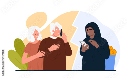 Stealing money from old people using mobile phone vector illustration. Cartoon elderly couple talking to scammer on telephone, dangerous conversation with thief of grandmother and grandfather victims