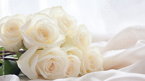 White roses bouquet on white background with soft focus. 