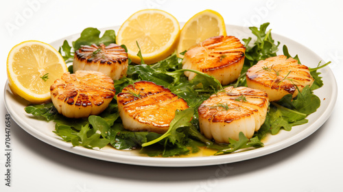 Grilled scallops with lemon slices and greens