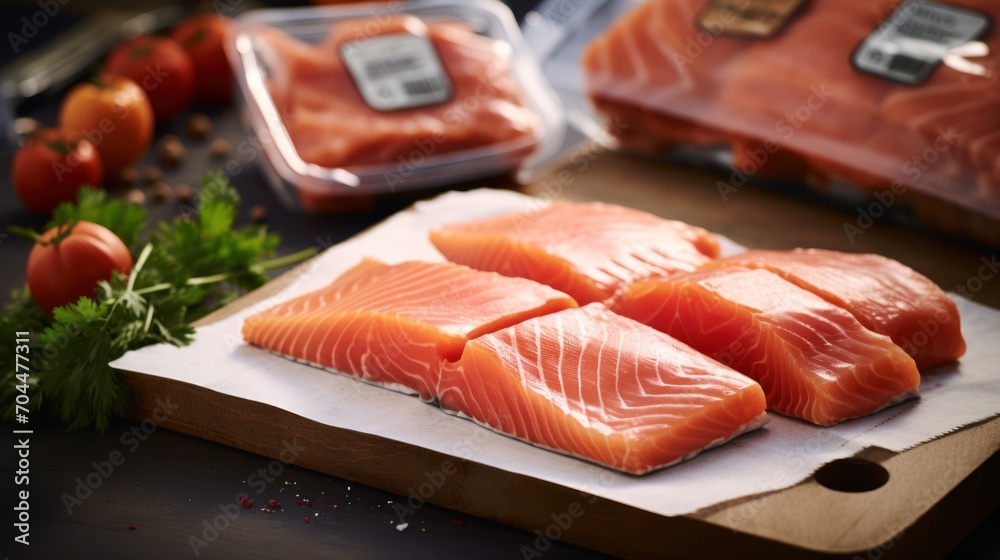 Salmon fillets on packaging in foreground of busy food factory 