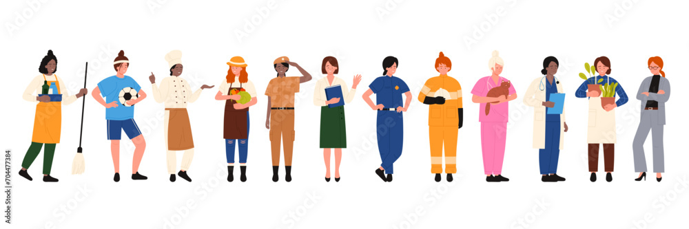 Women of different professions set vector illustration. Cartoon isolated collection of international female workers in uniform, hospital or police staff, cleaning service, professional business lady - obrazy, fototapety, plakaty 