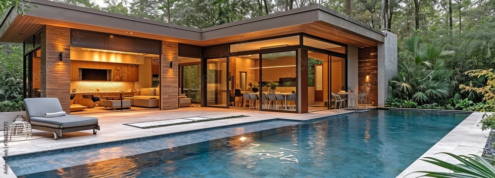 a contemporary living room and a lap pool.