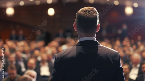 Rear View of a Male Speaker in a Suit Presenting to an Audience at a Conference
