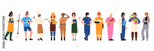 Women of different professions set vector illustration. Cartoon isolated collection of international female workers in uniform, hospital or police staff, cleaning service, professional business lady