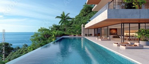 Modern home with a terrace and a lap pool that faces the ocean . © tongpatong