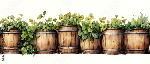 Wine barrels stand in a row and are planted with green plants, seamless border pattern, artistic watercolor illustration for shop web banner, printable for cards, poster or gift wrapping paper