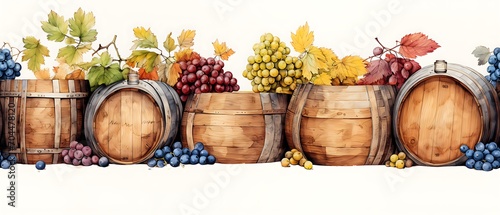 Wine barrels in a row are covered with grapes, seamless border pattern, artistic watercolor illustration for shop web banner, printable for cards, poster or gift wrapping paper photo