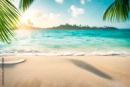  tropical sand beach scene with blue water wave and blurry green palm leaves 