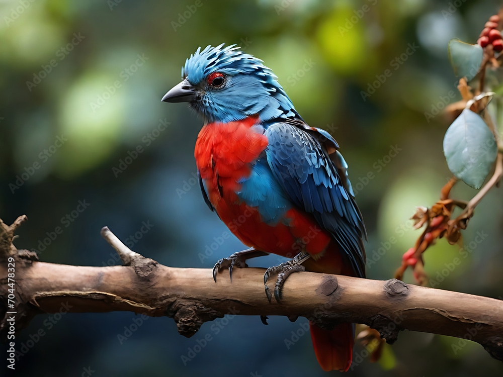 blue and red colorful bird sitting on branch Ultra High quality photo