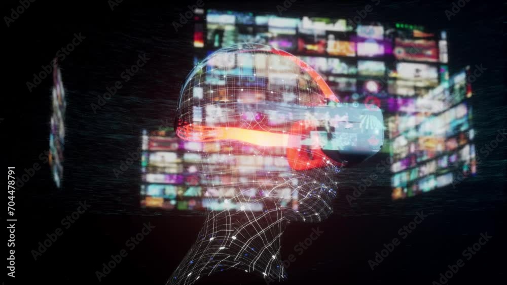 vr glasses on human head with user interface graphics in holographic projection around. Digital entertainment animation of watching movies in virtual reality