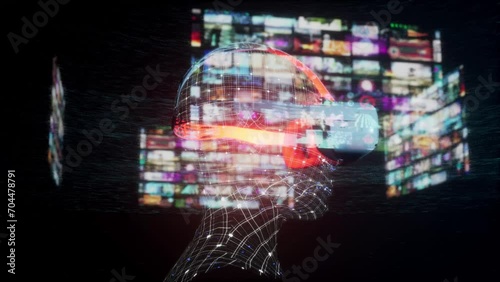 Wallpaper Mural vr glasses on human head with user interface graphics in holographic projection around. Digital entertainment animation of watching movies in virtual reality Torontodigital.ca