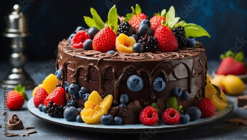 Chocolate cake decorated with fresh fruits black Barrie s and blue Barrie s.