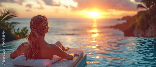 Dressed woman lounging on terrace with a sunset view of the water .