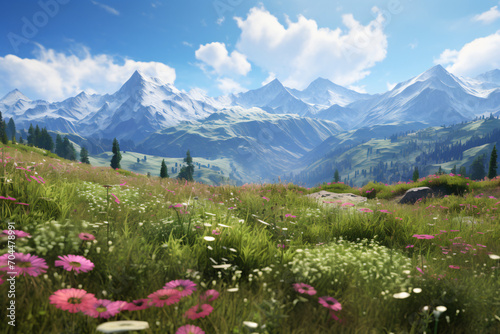 mountain landscape with blooming meadow
