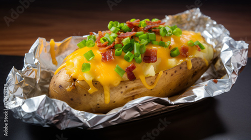 Hot baked potato topped with bacon green onions