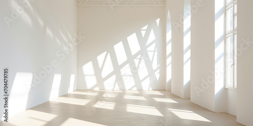 Bright, sunlit hallway in empty loft with geometric shadows on white walls.