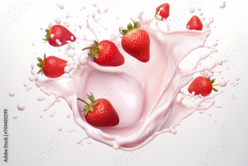 splash yogurt with strawberries on a white background.