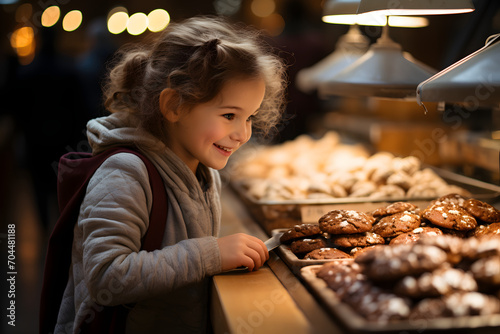 girl smiling at the bakery and Chooses baking