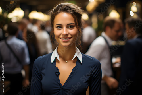 Smiling, young and attractive saleswoman, cashier serving customers photo