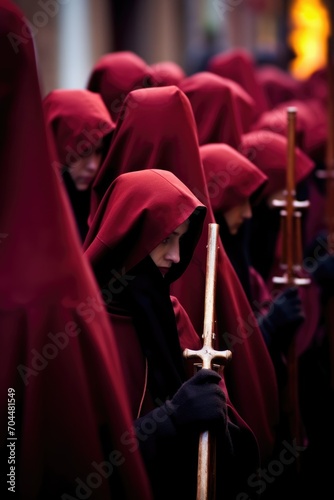 Holy Week , group of penitents holding a cross dresses  with vivid colors
