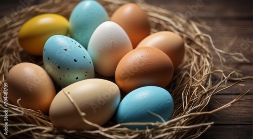 easter eggs in a basket, easter eggs in a nest, easter eggs in the grass, colored easter eggs, happy easter scene