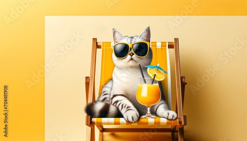 Cat in Sunglasses with Summer Drink Relaxation. Travel agency banner. Ai generated   © Galigrafiya