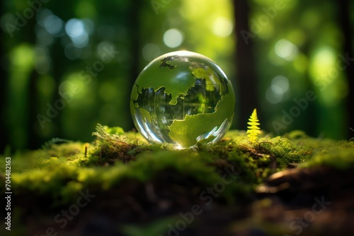 Crystal ball in forest with green trees and mossy ground
