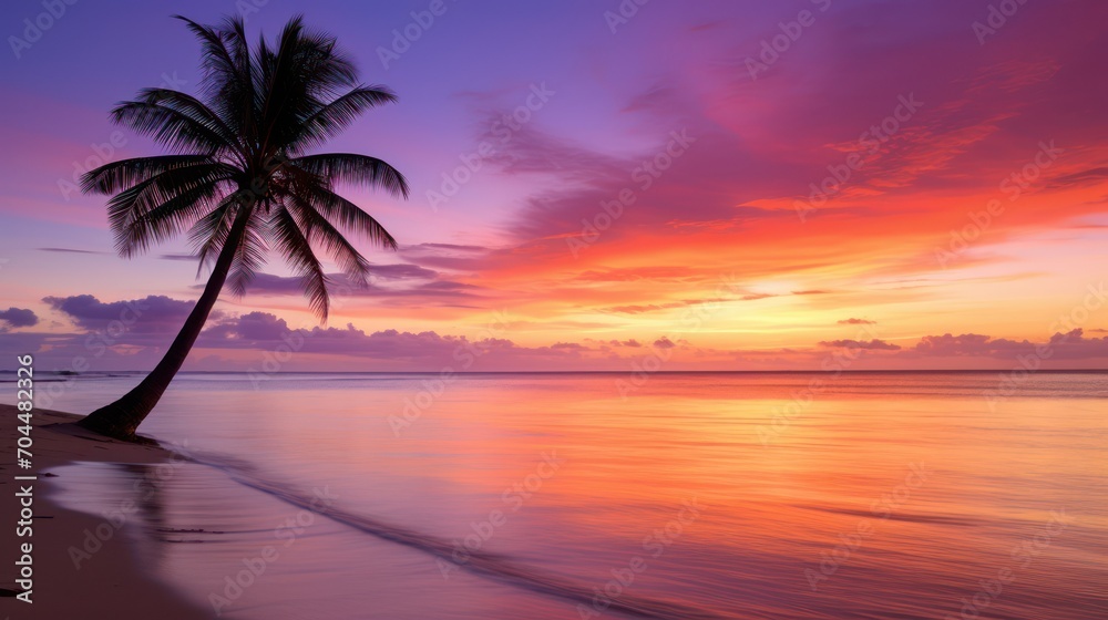 Breathtaking view of sunset at tropical beach with palm silhouette