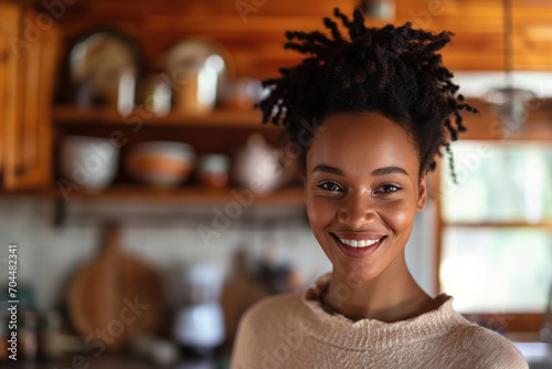 Close-up shot of a smiling woman standing in a kitchen. Natural soft light and wood color tones.