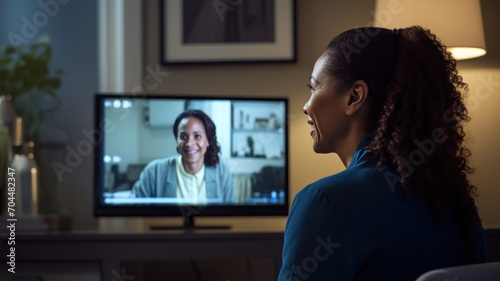 Young african american businesswoman talking on video call at home