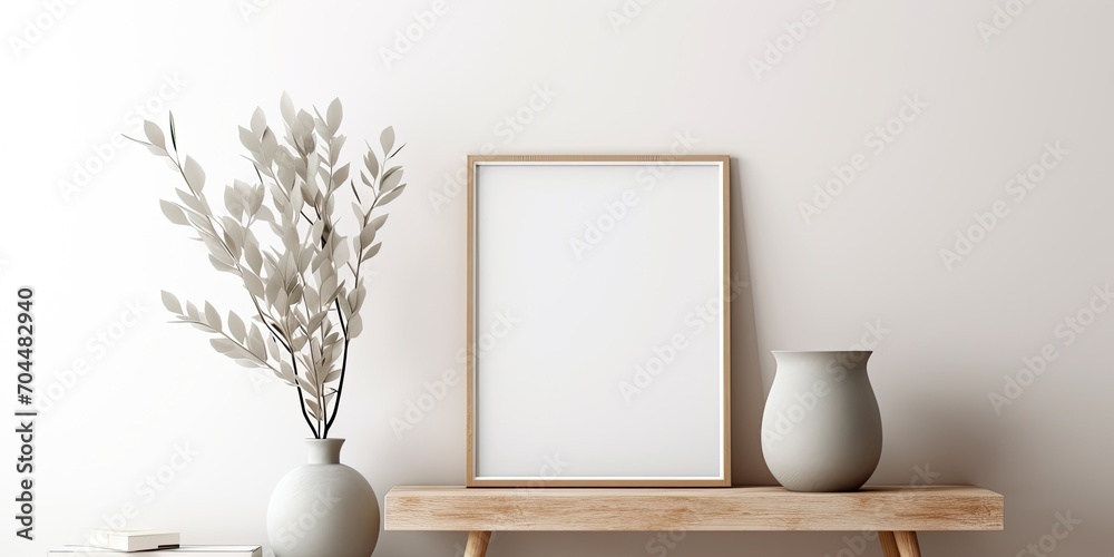 Minimalist template for home decor featuring a stylish living room with a mock-up poster frame, wooden commode, book, eucalyptus leaf in a ceramic vase, and elegant personal accessories.
