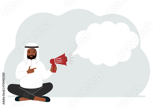 A man with a mouthpiece in his hand sits cross-legged. From loudspeaker bubbles to accommodate text.