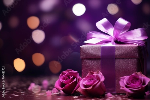 Valentines Day. Pink petals, rose, gift on dark purple bokeh background. © usman