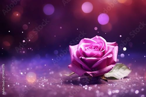 Valentines Day. Pink petals  rose  gift on dark purple bokeh background.