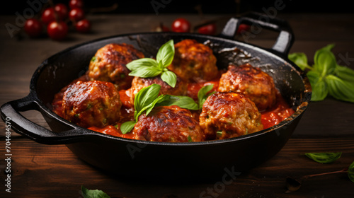 Meatballs served with tomato sauce in frying pan