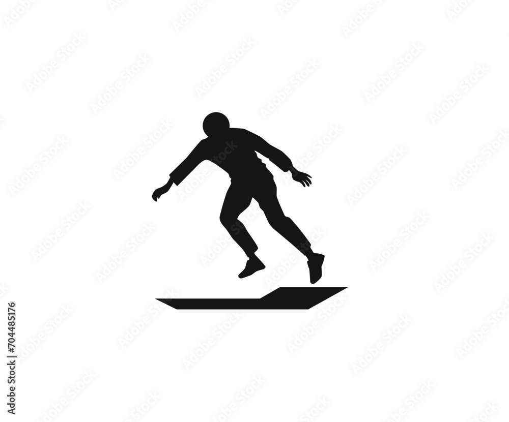 Vector illustration of a logo with a black silhouette of a cartoon man jumping