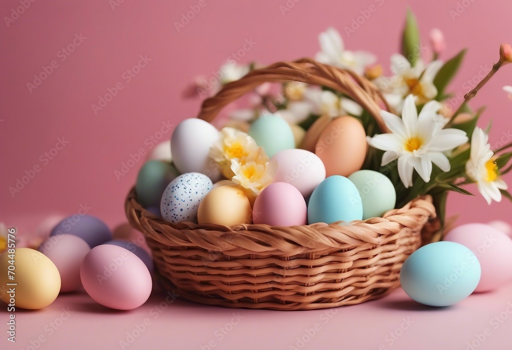 Basket with colorful Easter eggs and blooming flowers on the table on pink background copy space