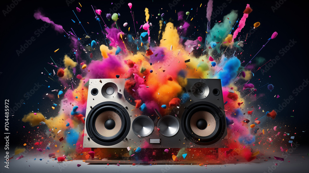 Dj turntable and vinyl records, Music background with speakers, Exploding party speaker, Ai generated image 