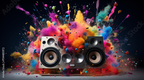 Dj turntable and vinyl records  Music background with speakers  Exploding party speaker  Ai generated image 