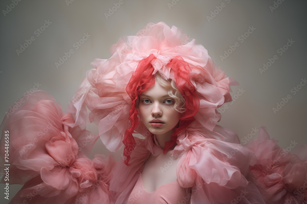 Artistic portrait of a young woman surrounded in flowing pink and red fabric, creating a floral effect