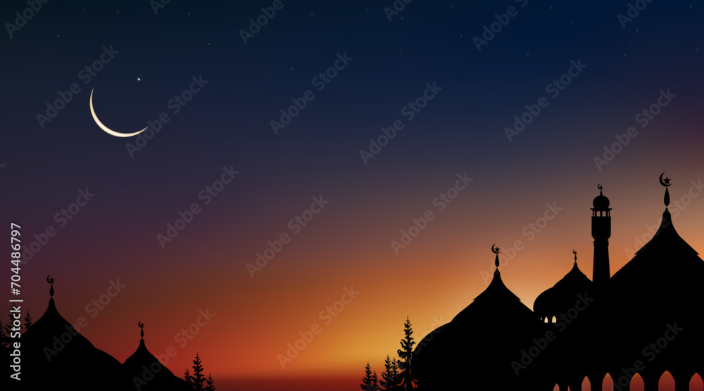 Islamic Background,Dome Mosques,Crescent Moon,Starry on Dark Blue Sky Background,Vetor symbol islamic religion with twilight sky,Banner Eid al Adha,Eid al fitr,Mubarak,New year Muharram,Ramadan Kareem Islamic Background,Dome Mosques,Crescent Moon,Starry on Dark Blue Sky Background,Vetor symbol islamic religion with twilight sky,Banner Eid al Adha,Eid al fitr,Mubarak,New year Muharram,Ramadan Kareem