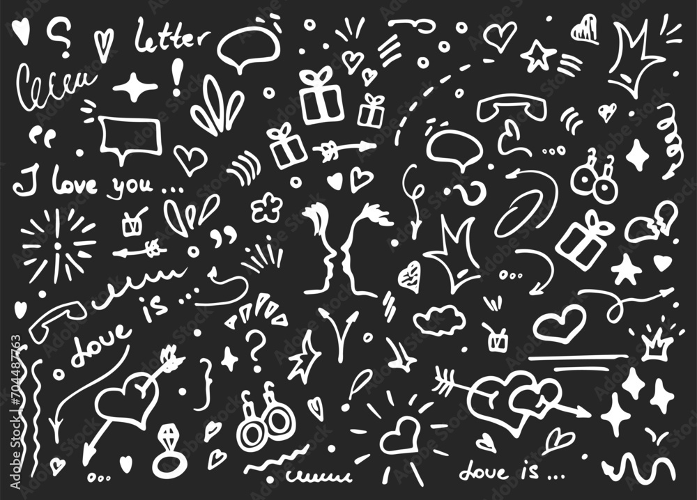 Doodle vector illustration - hand drawn sketchy love and hearts details. set of cute funny doodle vector illustration for decoration on black background with lettering. elements objects and icons