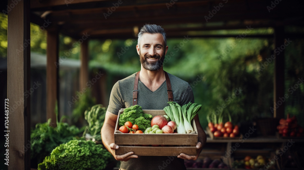 Farmer man holding wooden box full of fresh raw organic vegetables, standing in greenhouse Farmer man holding wooden box full of fresh raw organic vegetables, standing in greenhouse