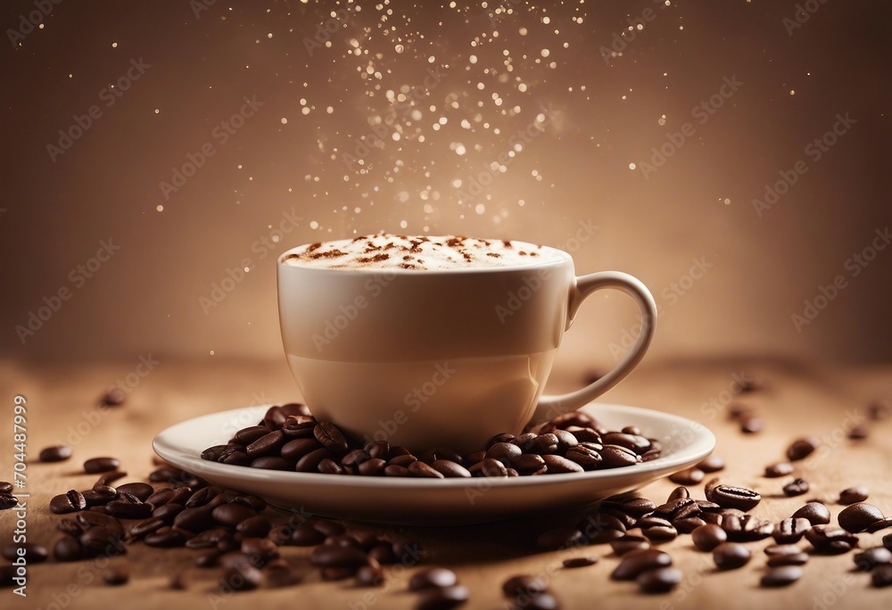 Cup of hot coffee with splashes flying in the air on light brown background copy space Cup of hot coffee with splashes flying in the air on light brown background copy space